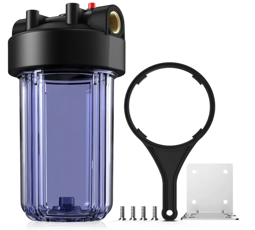 Whole House Water Big Filter Housing (DB10C), 10" x 4.5", Blue for Whole Home Water Filtration, Sediment Water Filter System for Well, 1" NPT Brass Port (Clear Housing)